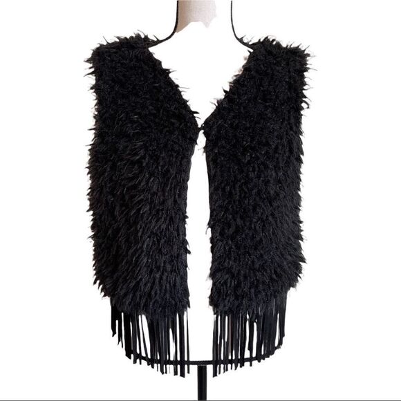 Black Fuzzy Vest with Faux Suede Fringe and Hook/Eye Closure - Med/Large - Picture 1 of 9